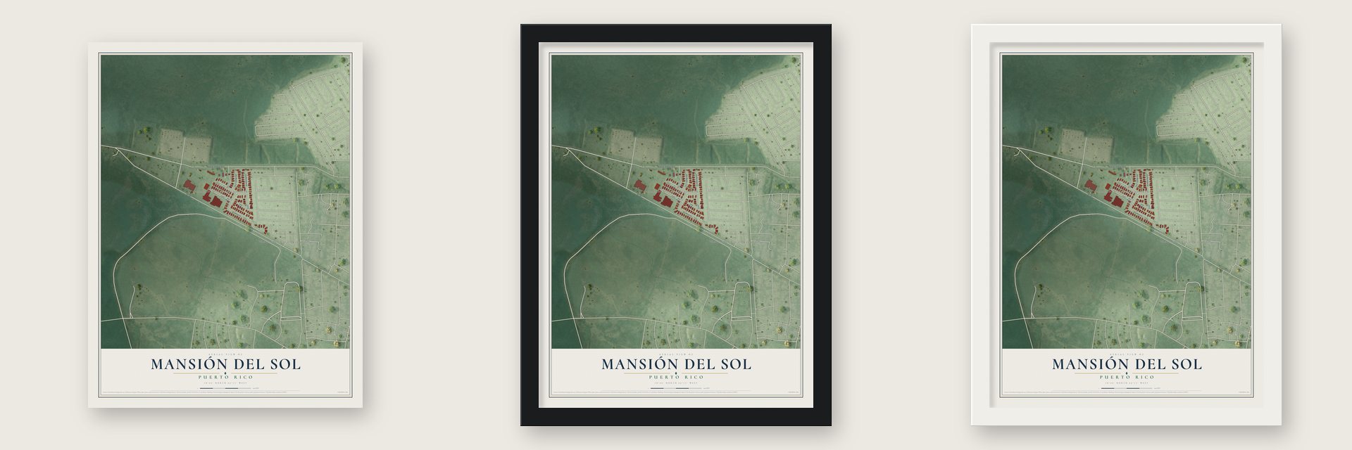 Mansión del Sol, Puerto Rico map unframed, in a black wood frame and in a white wood frame
