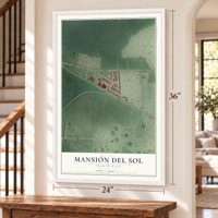 Mansión del Sol, Puerto Rico map, 24 x 36 inch print in a white frame by a staircase