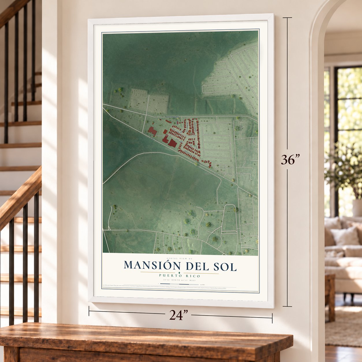 Mansión del Sol, Puerto Rico map, 24 x 36 inch print in a white frame by a staircase