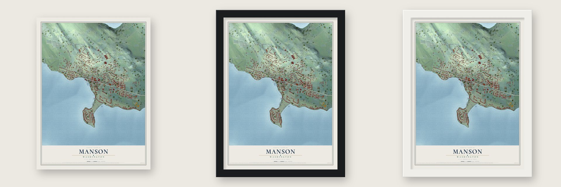 Manson, Washington map unframed, in a black wood frame and in a white wood frame