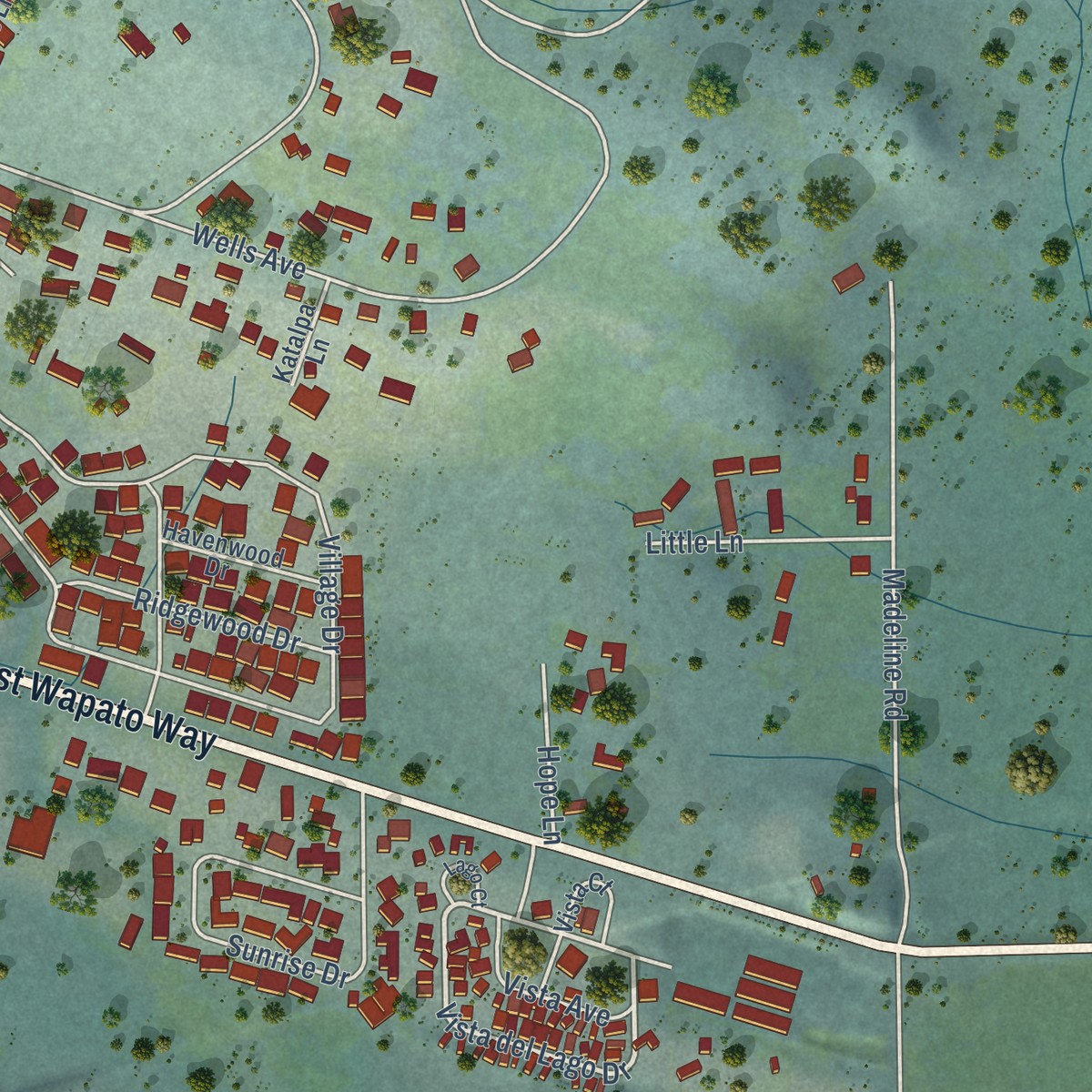 Second close-up of the map of Manson, Washington print showing more streets and buildings