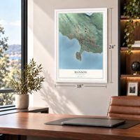 Manson, Washington map, 18 x 24 inch print in a white frame in a home office