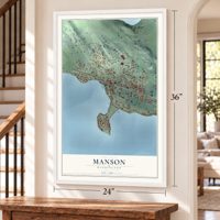 Manson, Washington map, 24 x 36 inch print in a white frame by a staircase