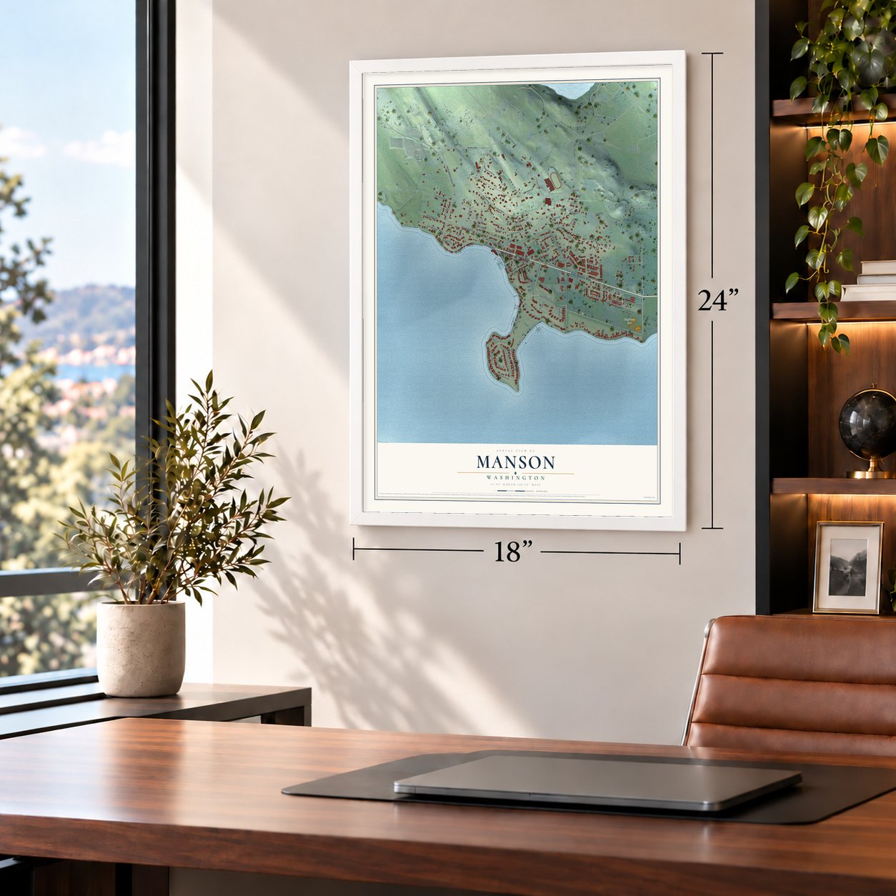 Manson, Washington map, 18 x 24 inch print in a white frame in a home office