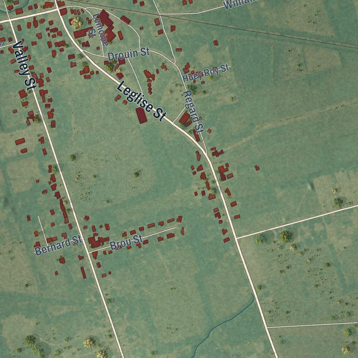 Second close-up of the map of Mansura, Louisiana print showing more streets and buildings