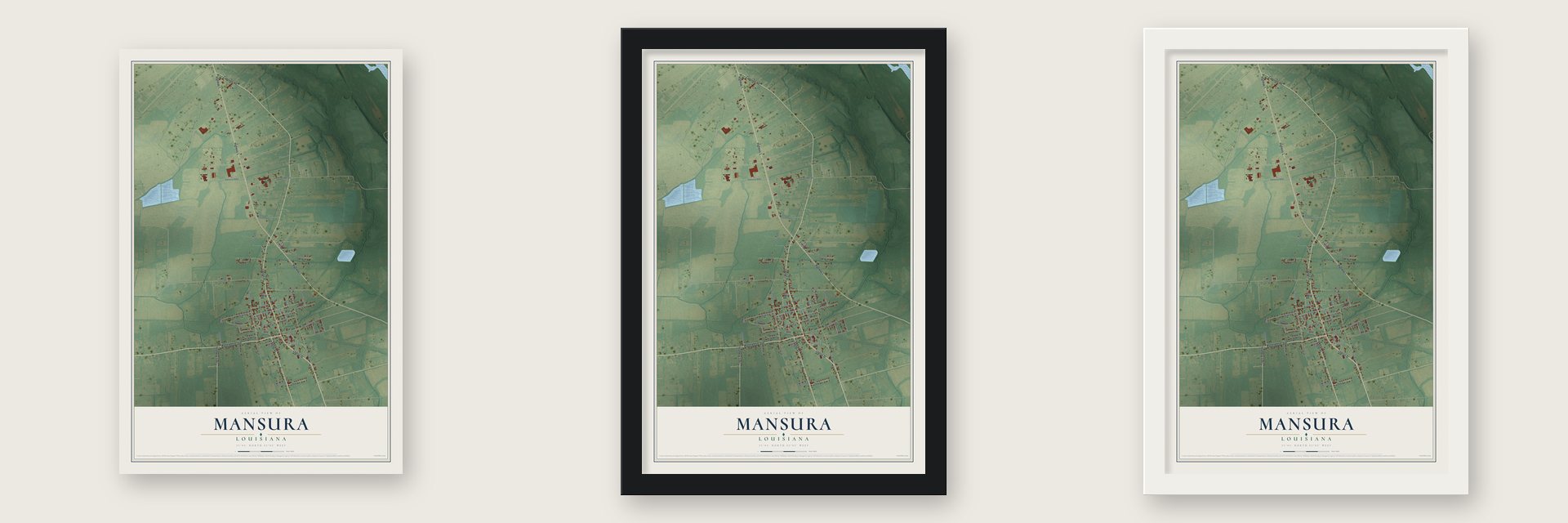 Mansura, Louisiana map unframed, in a black wood frame and in a white wood frame