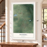 Mansura, Louisiana map, 24 x 36 inch print in a white frame by a staircase