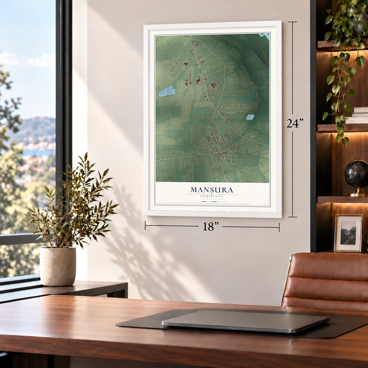 Mansura, Louisiana map, 18 x 24 inch print in a white frame in a home office