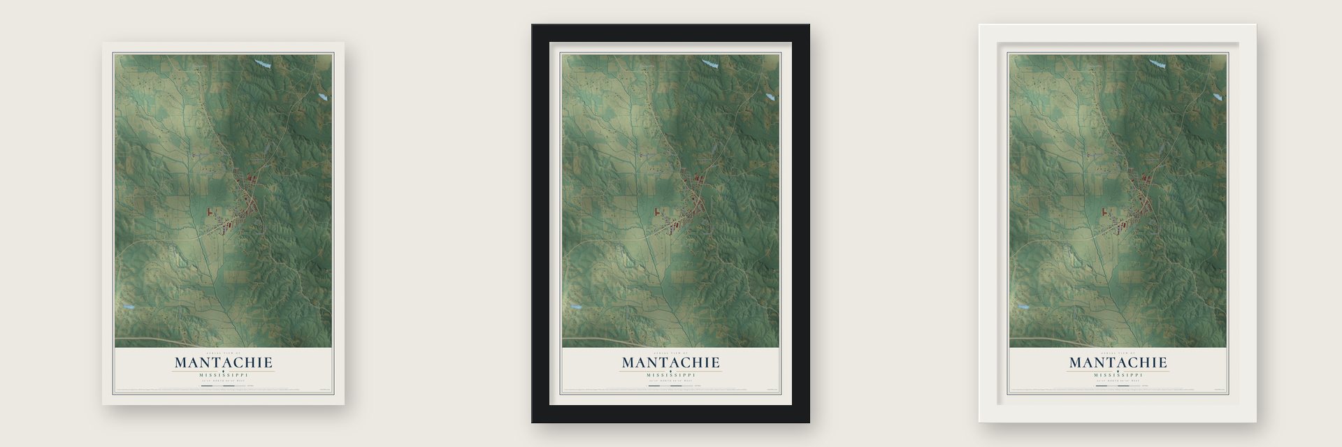 Mantachie, Mississippi map unframed, in a black wood frame and in a white wood frame