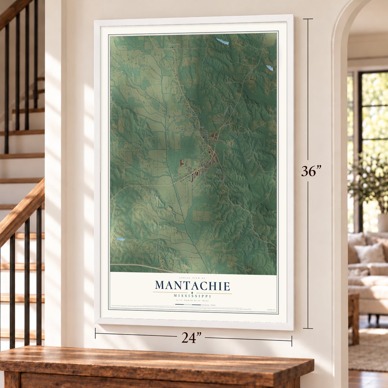 Mantachie, Mississippi map, 24 x 36 inch print in a white frame by a staircase