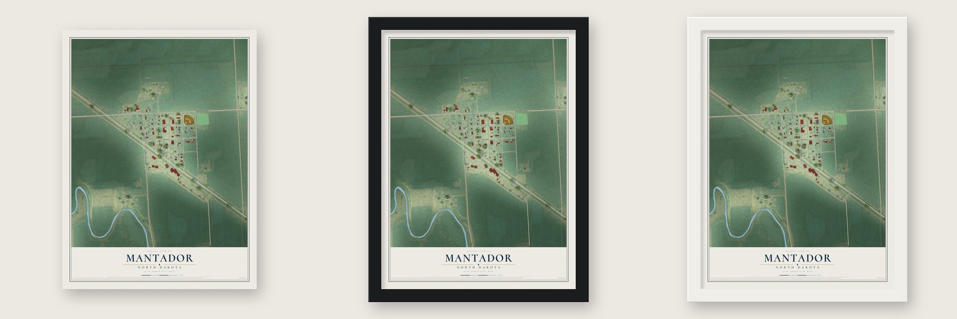 Mantador, North Dakota map unframed, in a black wood frame and in a white wood frame