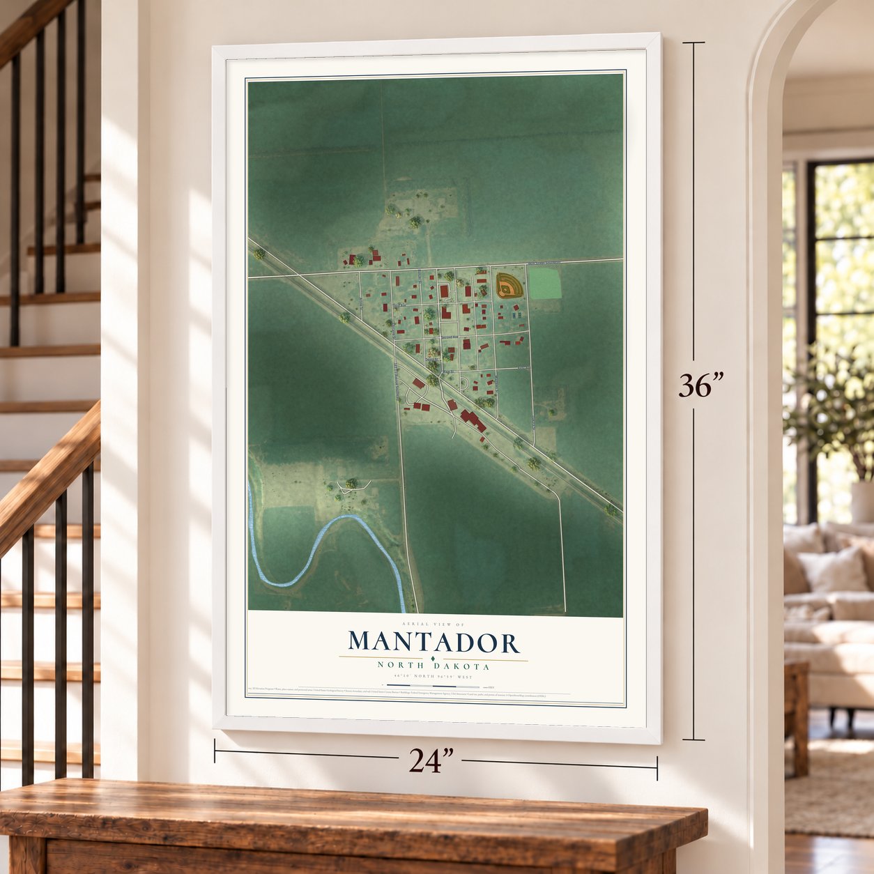 Mantador, North Dakota map, 24 x 36 inch print in a white frame by a staircase