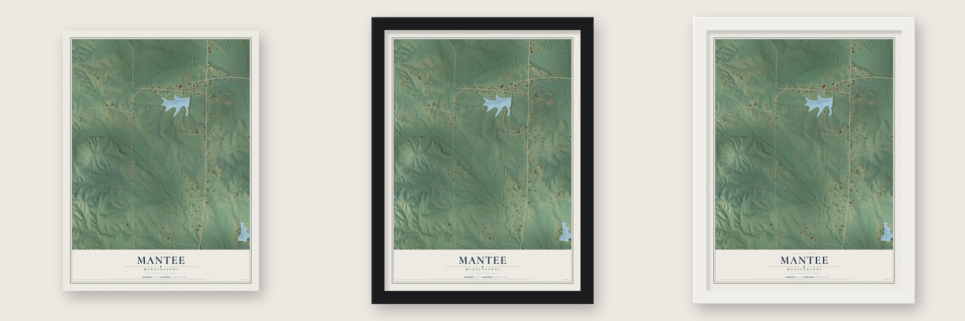 Mantee, Mississippi map unframed, in a black wood frame and in a white wood frame