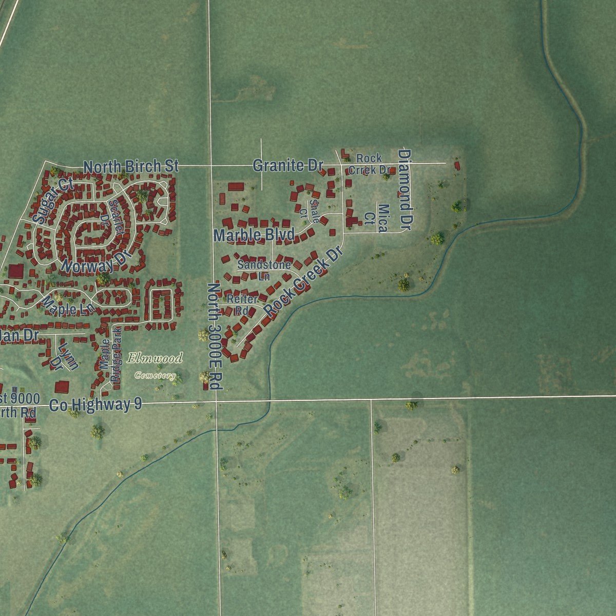 Second close-up of the map of Manteno, Illinois print showing more streets and buildings