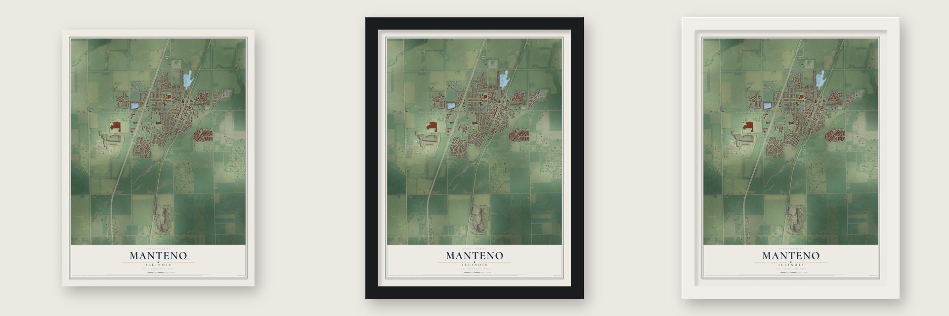 Manteno, Illinois map unframed, in a black wood frame and in a white wood frame