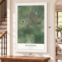 Manteno, Illinois map, 24 x 36 inch print in a white frame by a staircase