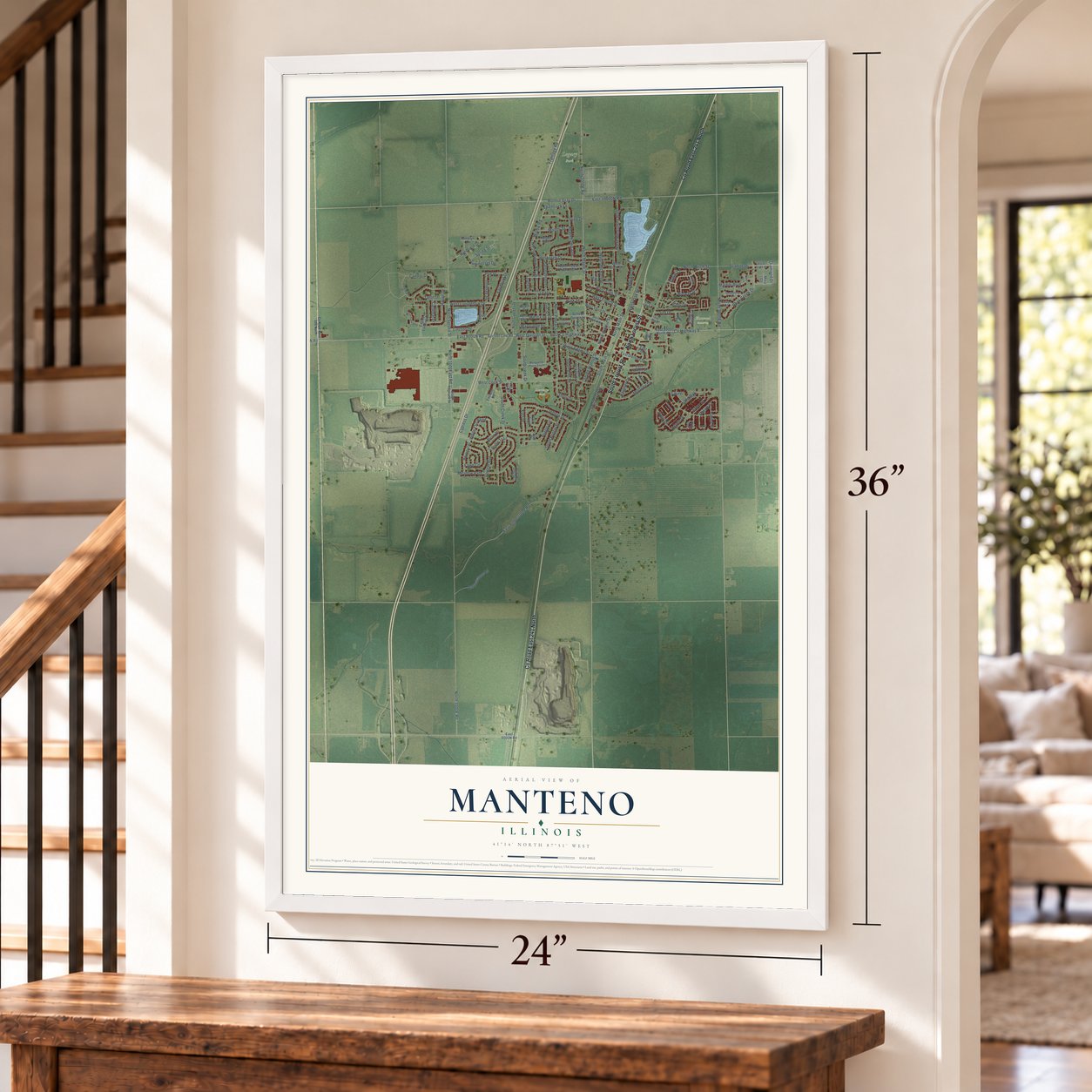 Manteno, Illinois map, 24 x 36 inch print in a white frame by a staircase