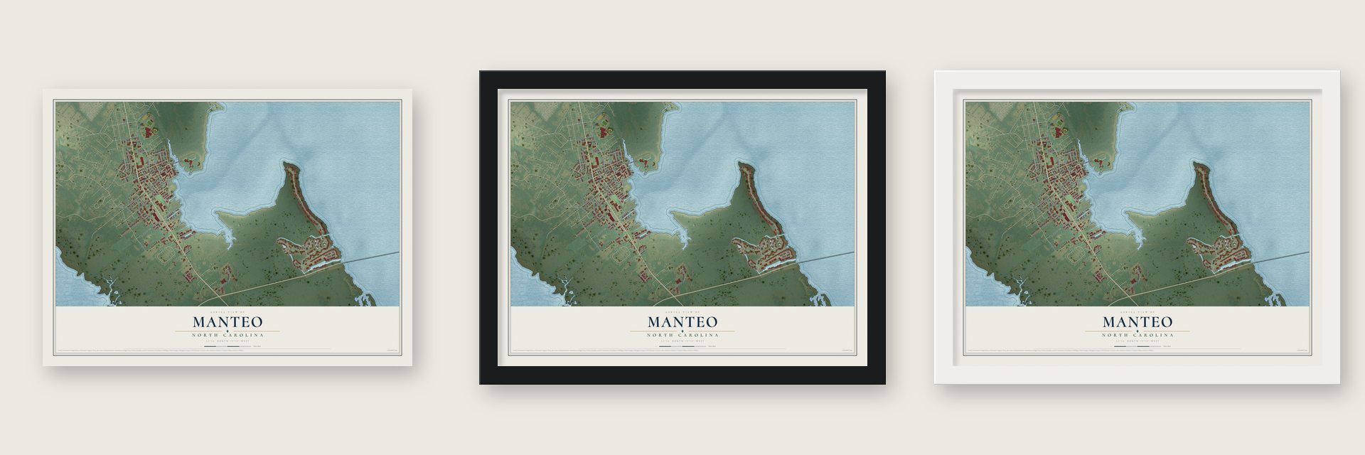 Manteo, North Carolina map unframed, in a black wood frame and in a white wood frame