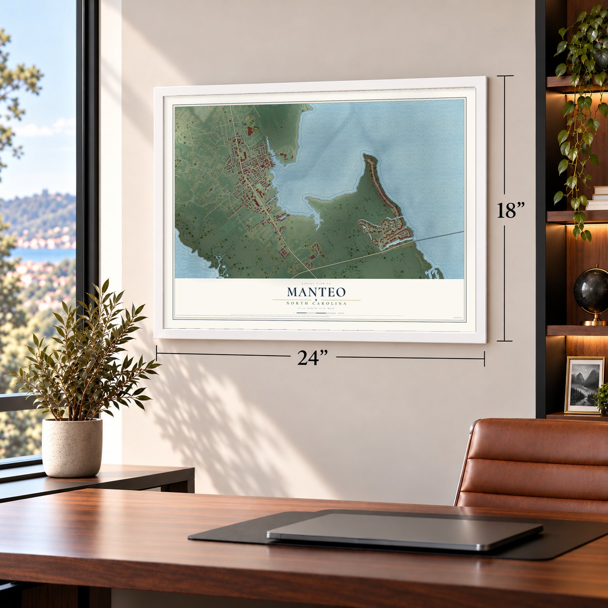 Manteo, North Carolina map, 18 x 24 inch print in a white frame in a home office