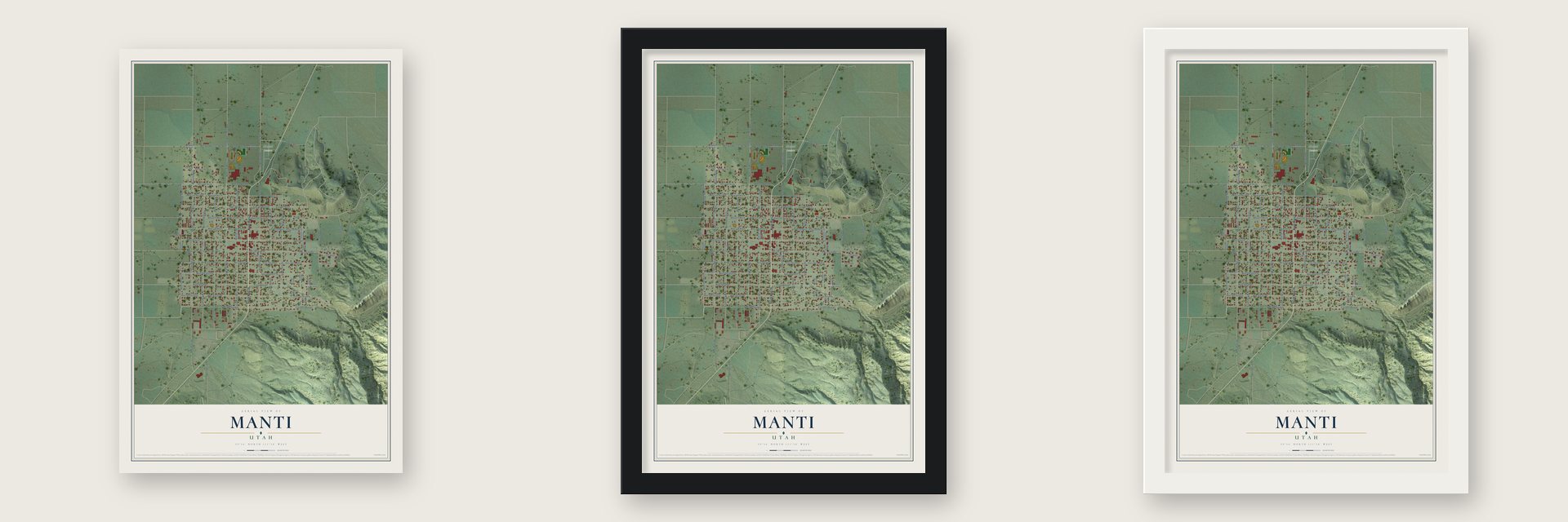 Manti, Utah map unframed, in a black wood frame and in a white wood frame
