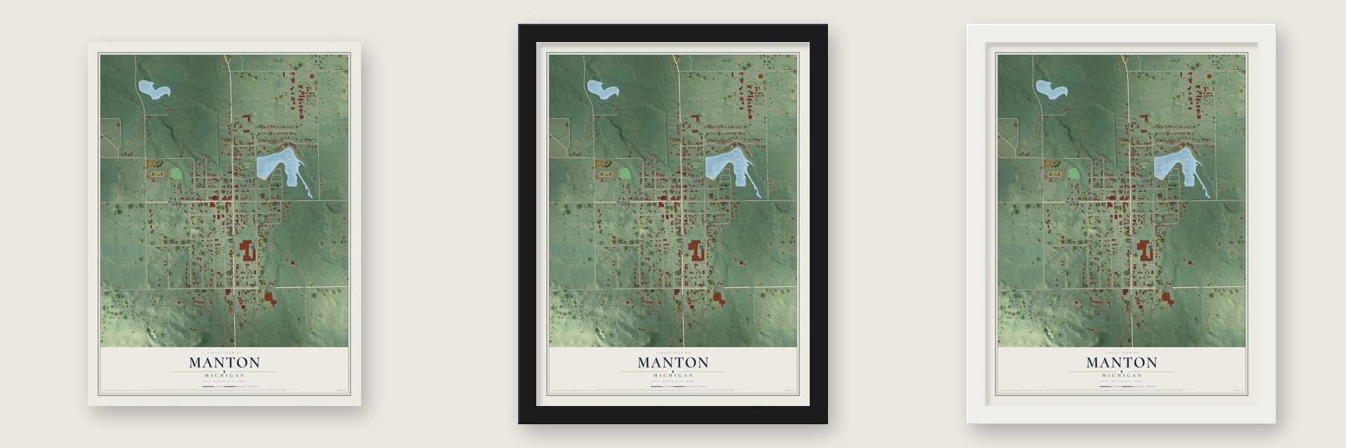 Manton, Michigan map unframed, in a black wood frame and in a white wood frame
