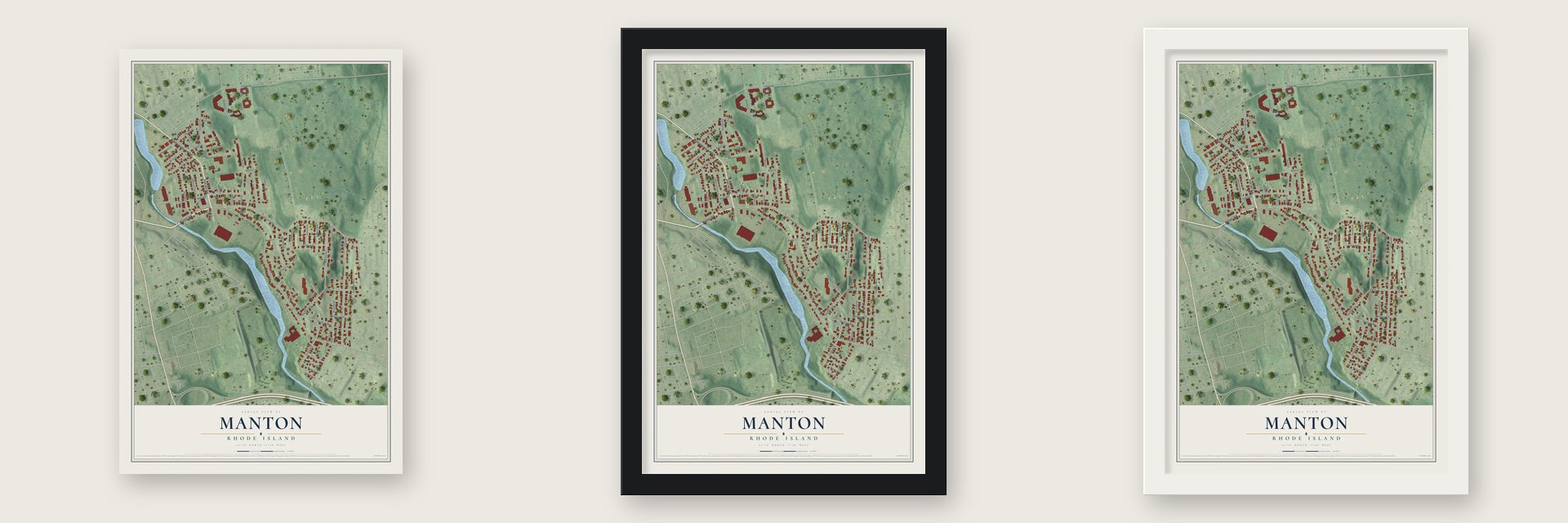 Manton, Rhode Island map unframed, in a black wood frame and in a white wood frame