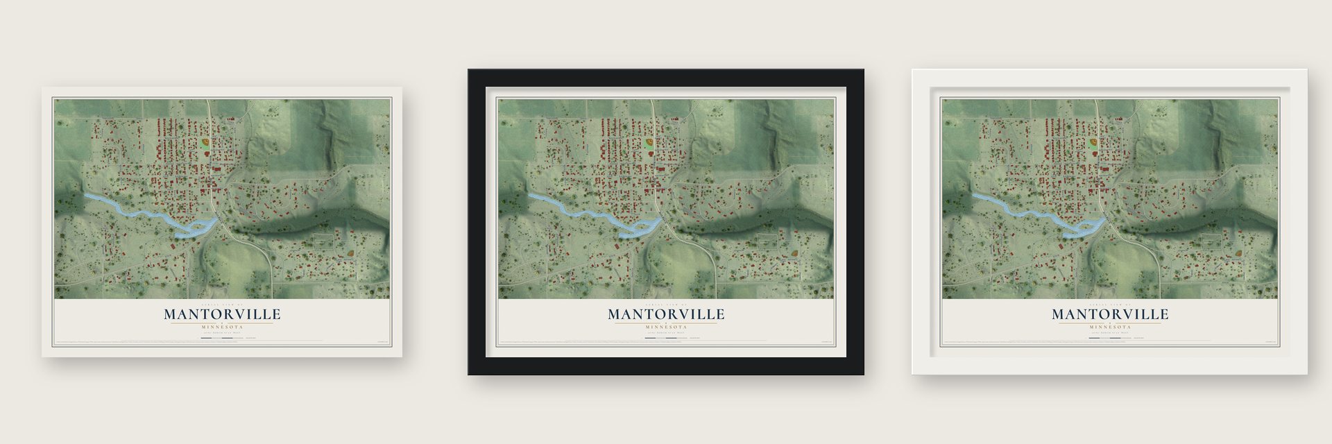 Mantorville, Minnesota map unframed, in a black wood frame and in a white wood frame