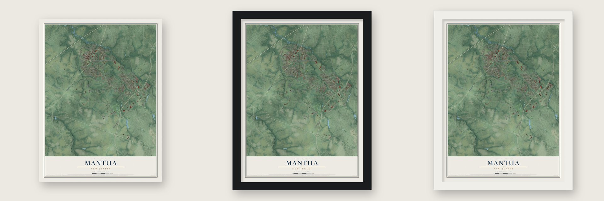 Mantua, New Jersey map unframed, in a black wood frame and in a white wood frame