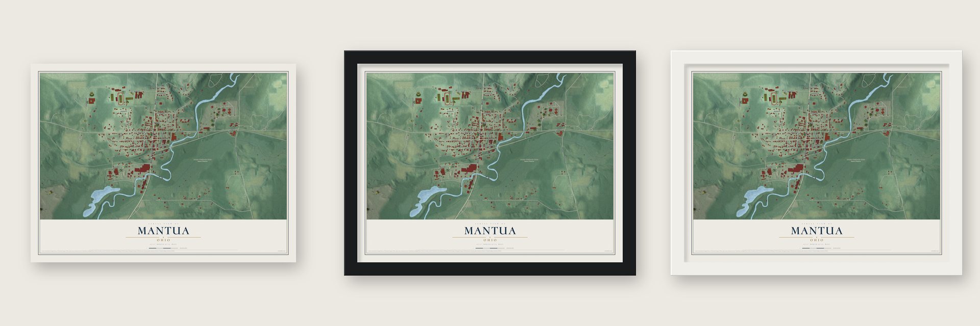 Mantua, Ohio map unframed, in a black wood frame and in a white wood frame
