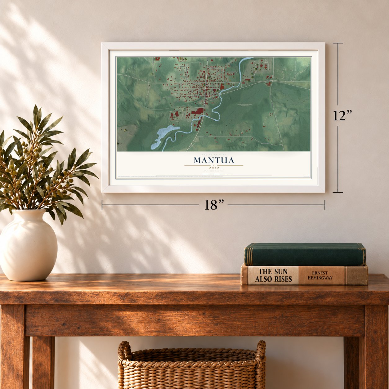 Mantua, Ohio map, 12 x 18 inch print in a white frame in an entryway