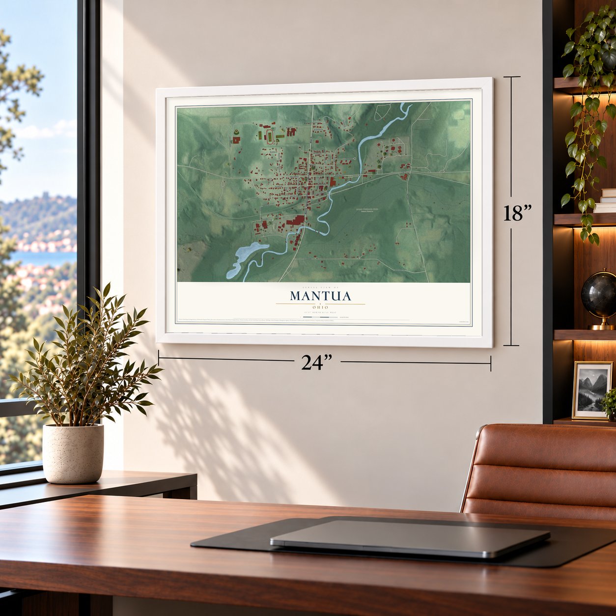 Mantua, Ohio map, 18 x 24 inch print in a white frame in a home office