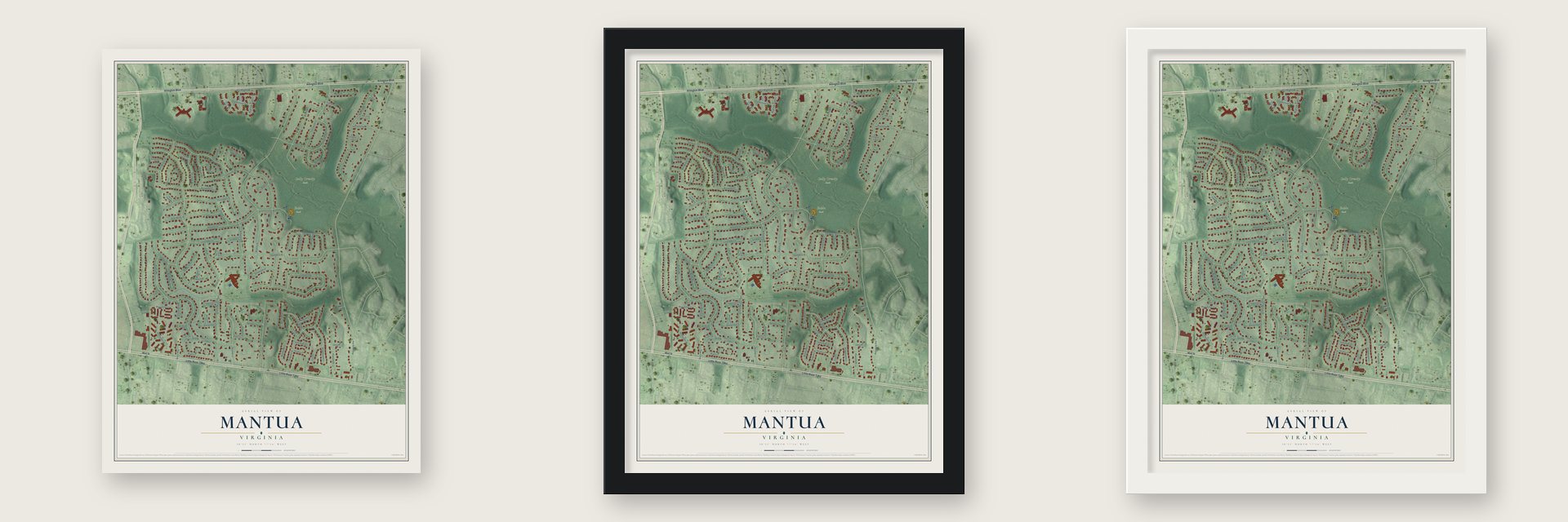 Mantua, Virginia map unframed, in a black wood frame and in a white wood frame