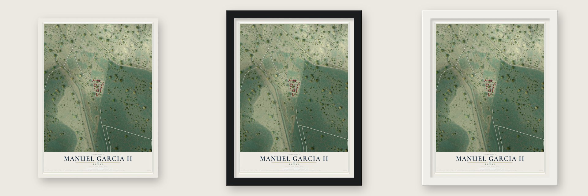 Manuel Garcia II, Texas map unframed, in a black wood frame and in a white wood frame