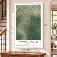 Manuel Garcia II, Texas map, 24 x 36 inch print in a white frame by a staircase