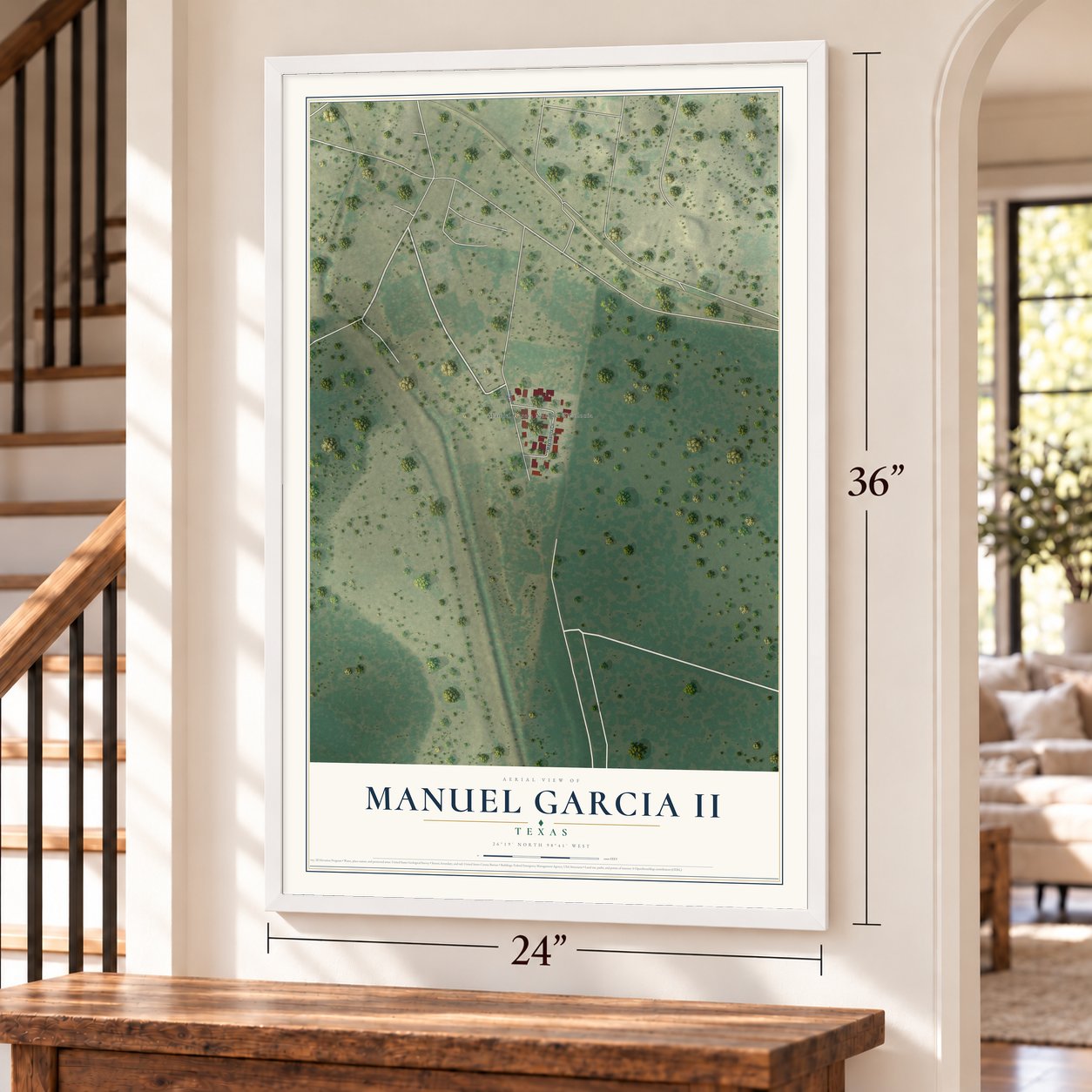 Manuel Garcia II, Texas map, 24 x 36 inch print in a white frame by a staircase