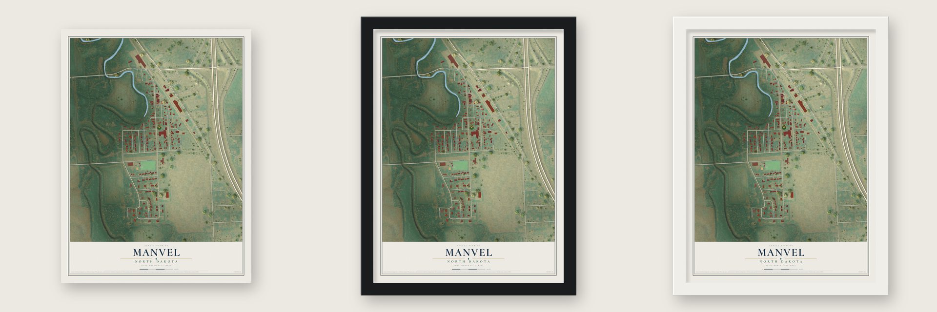 Manvel, North Dakota map unframed, in a black wood frame and in a white wood frame