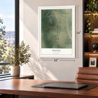 Manvel, North Dakota map, 18 x 24 inch print in a white frame in a home office