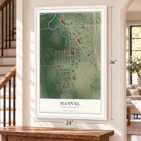 Manvel, North Dakota map, 24 x 36 inch print in a white frame by a staircase