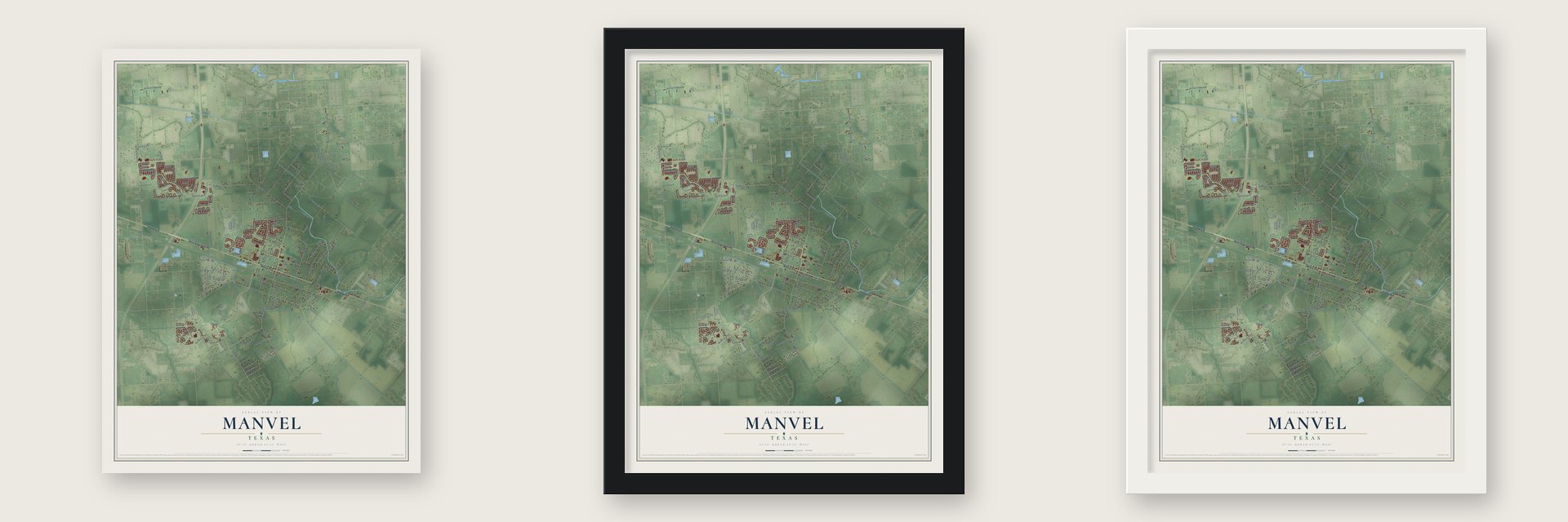 Manvel, Texas map unframed, in a black wood frame and in a white wood frame