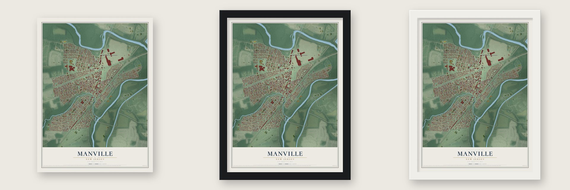 Manville, New Jersey map unframed, in a black wood frame and in a white wood frame