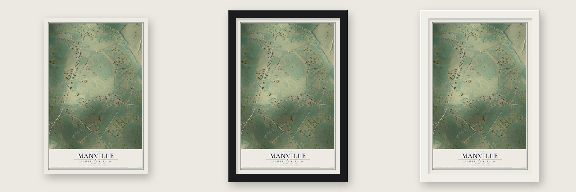 Manville, South Carolina map unframed, in a black wood frame and in a white wood frame