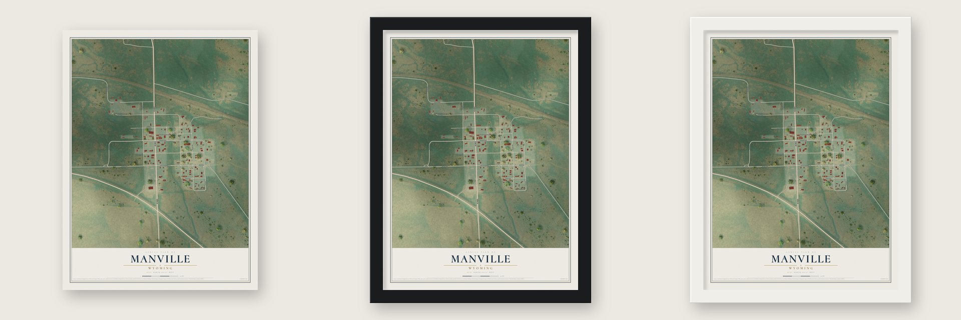 Manville, Wyoming map unframed, in a black wood frame and in a white wood frame