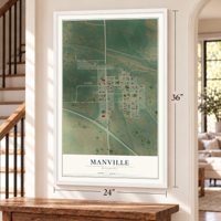Manville, Wyoming map, 24 x 36 inch print in a white frame by a staircase