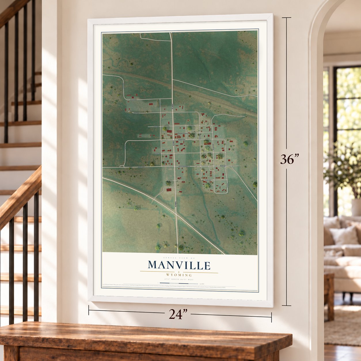 Manville, Wyoming map, 24 x 36 inch print in a white frame by a staircase