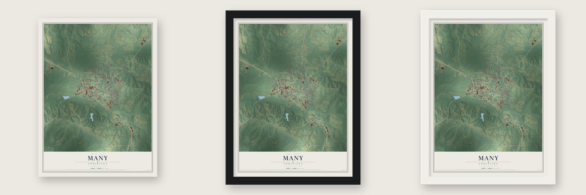Many, Louisiana map unframed, in a black wood frame and in a white wood frame