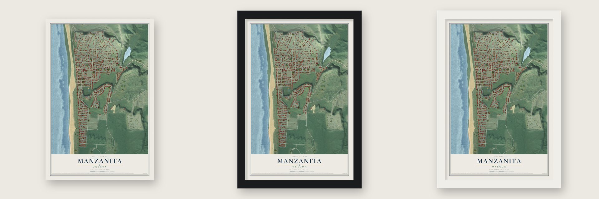 Manzanita, Oregon map unframed, in a black wood frame and in a white wood frame