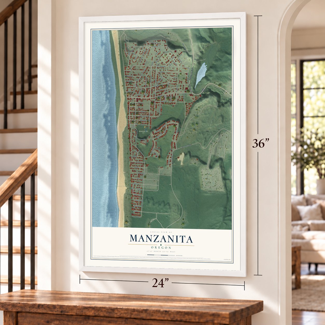 Manzanita, Oregon map, 24 x 36 inch print in a white frame by a staircase