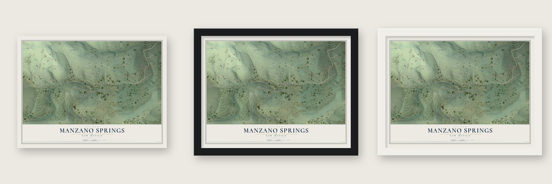 Manzano Springs, New Mexico map unframed, in a black wood frame and in a white wood frame