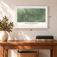Manzano Springs, New Mexico map, 12 x 18 inch print in a white frame in an entryway