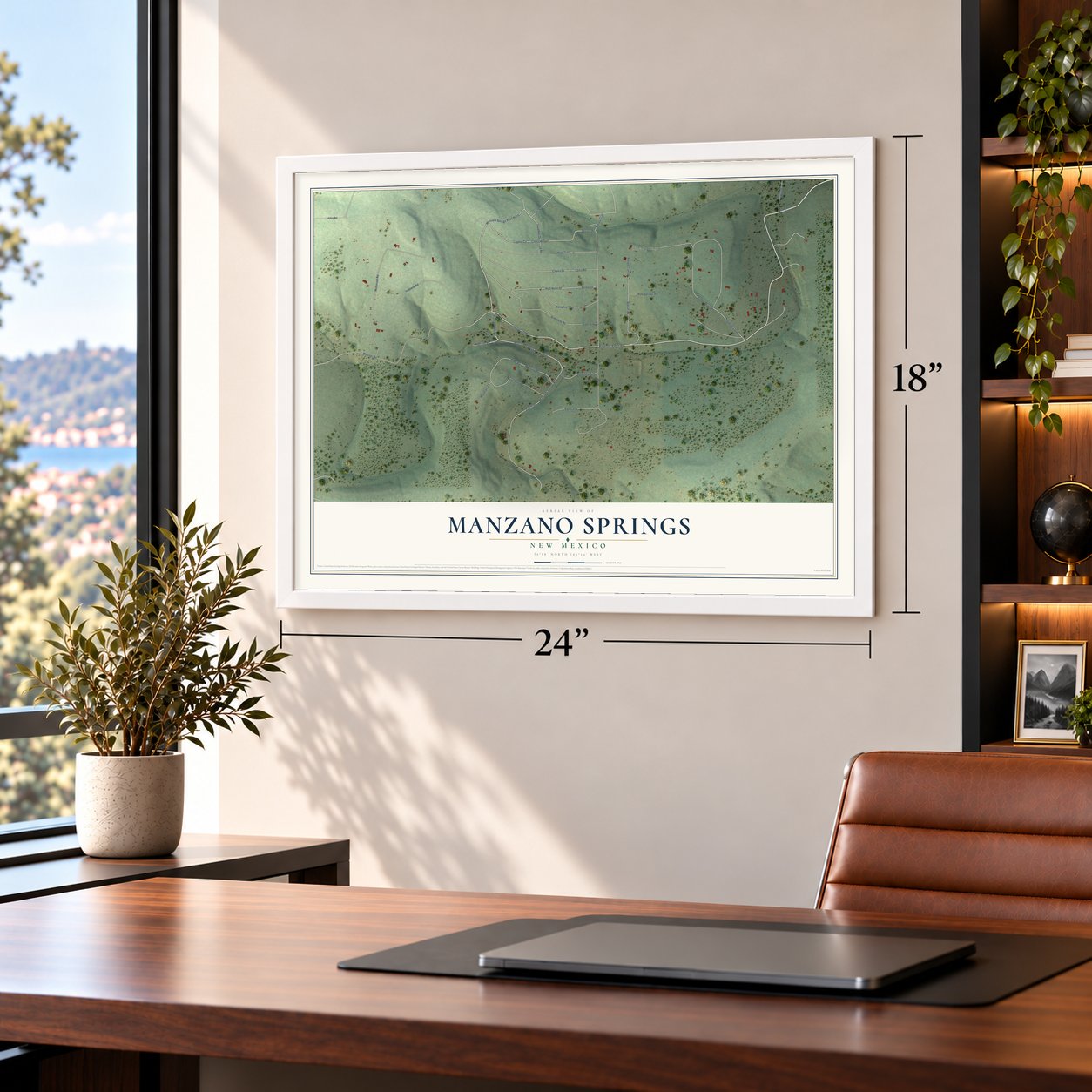 Manzano Springs, New Mexico map, 18 x 24 inch print in a white frame in a home office